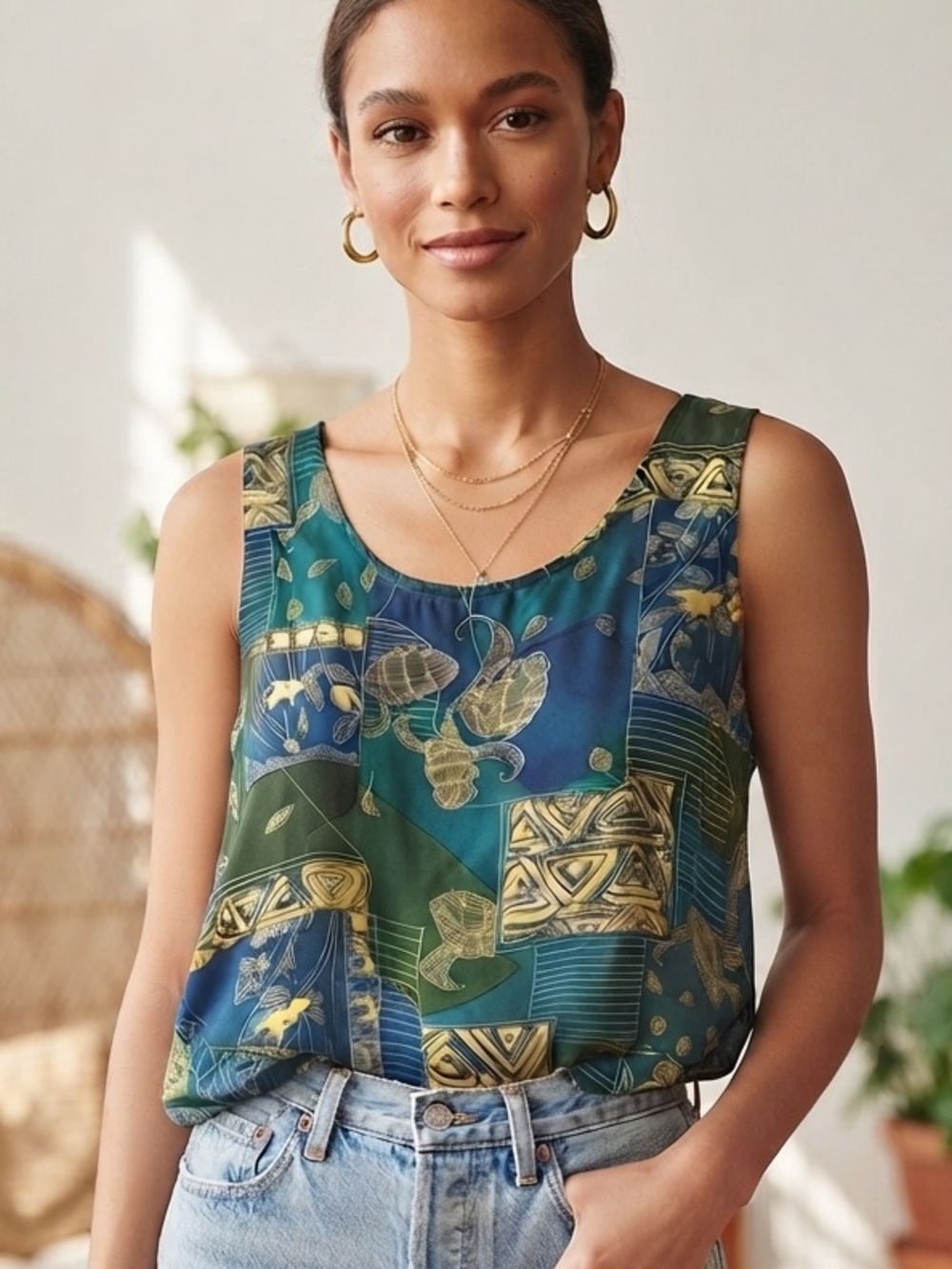 Rare Deadstock Vintage Stunt 100% Silk Geometric Print Tank Top 80’s NWT
